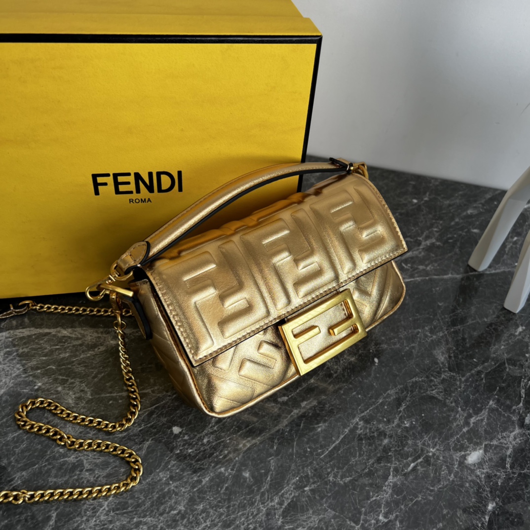 Fendi Mini Baguette Nappa Leather 3D-effect FF Shoulder Bag Gold 